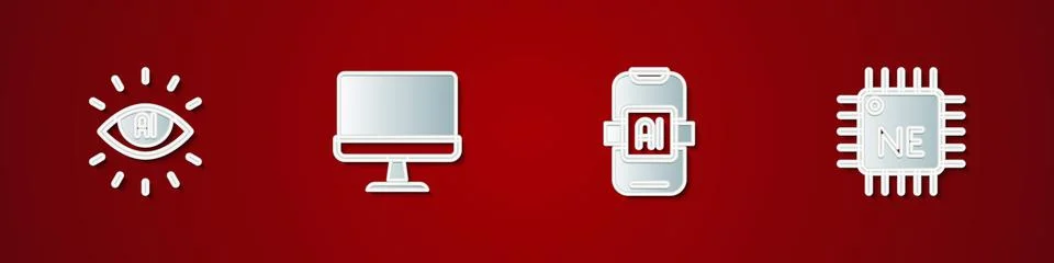 Set Artificial intelligence AI, Computer monitor,  and Processor CPU icon. Ve イラスト素材