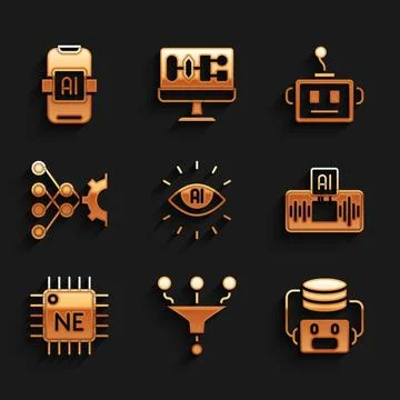 Set Artificial intelligence AI, Funnel or filter, robot, Processor CPU, Neural Stock Illustration