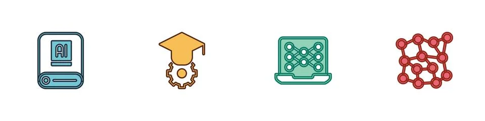 Set Artificial intelligence AI, Graduation cap, Neural network and  icon. V.. Stock Illustration
