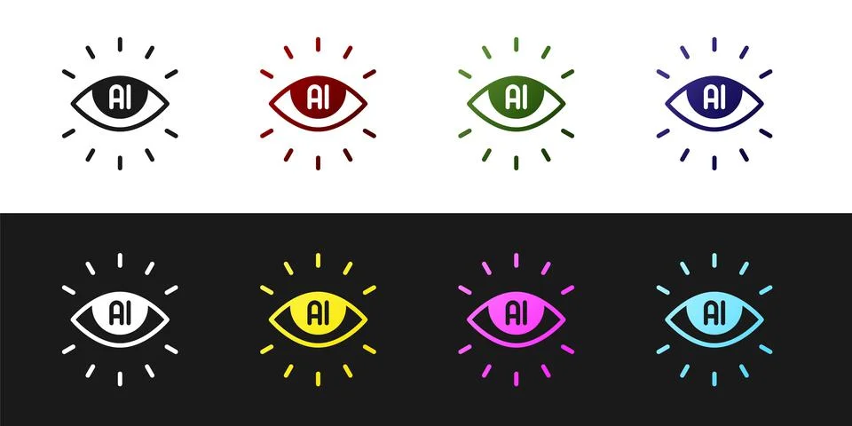 Set Artificial intelligence AI icon isolated on black and white background Illustrazione stock