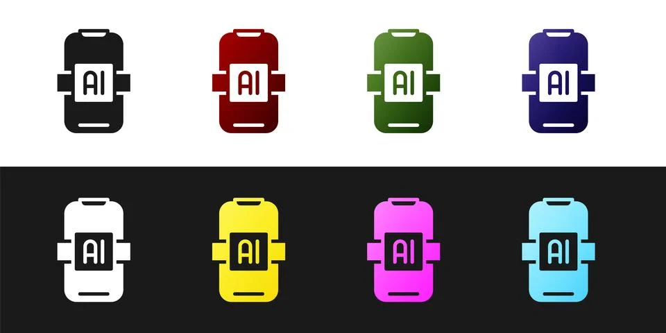 Set Artificial intelligence AI icon isolated on black and white background Illustrazione stock