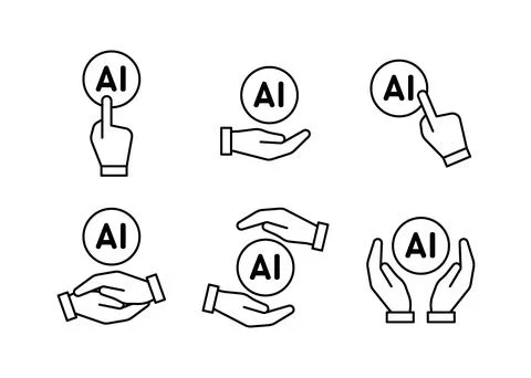 Set of artificial intelligence AI line icons, hands interacting with AI sym.. Stock Illustration