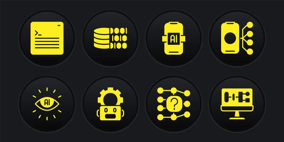 Set Artificial intelligence AI, Neural network, Robot setting, Binary code Stock Illustration