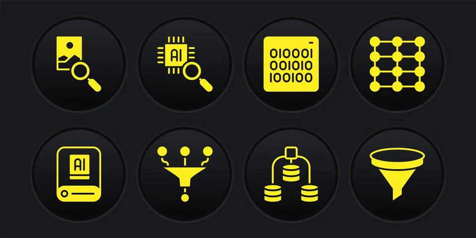 Set Artificial intelligence AI, Neural network, Funnel filter, Server, Data Stockillustratie