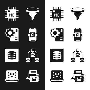 Set Artificial intelligence AI, Neural network, Processor CPU, Funnel filter イラスト素材