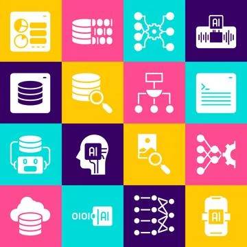 Set Artificial intelligence AI, Neural network, Web developer programming code Stock Illustration