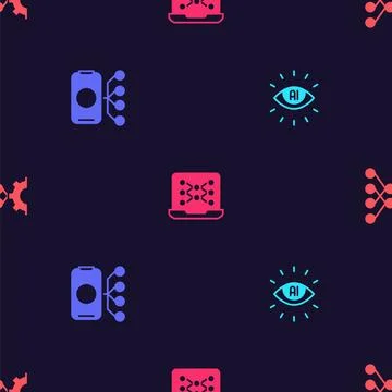 Set Artificial intelligence AI, Neural network, and on seamless pattern. Vector Illustrazione stock