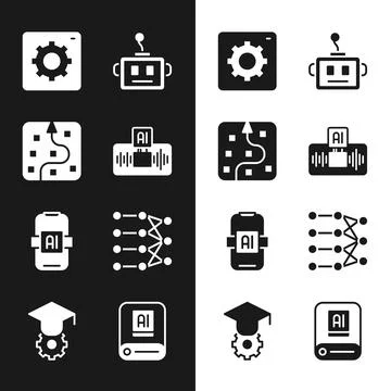 Set Artificial intelligence AI, Neural network, Computer api interface, robot Stock Illustration