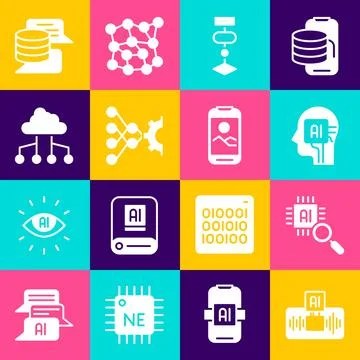 Set Artificial intelligence AI, Processor CPU, Humanoid robot, Algorithm, Neural 스톡 일러스트