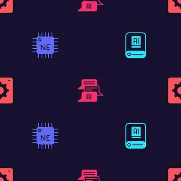 Set Artificial intelligence AI, Processor CPU, Chat bot and Computer api in.. Illustrazione stock