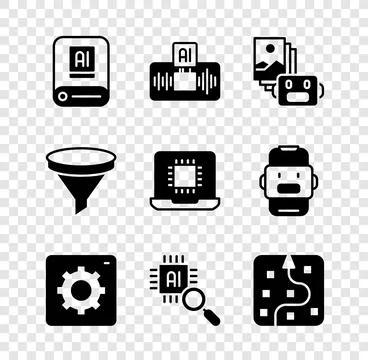 Set Artificial intelligence AI, robot, Computer api interface, Processor CP.. 库存插图