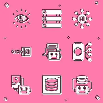 Set Artificial intelligence AI, Server, Data, Neural network, Binary code, Chat Stock Illustration