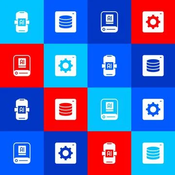 Set Artificial intelligence AI, Server, Data, and Computer api interface icon Stock Illustration