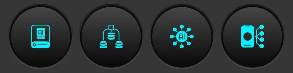 Set Artificial intelligence AI, Server, Data, Neural network and icon. Vector Stock Illustration