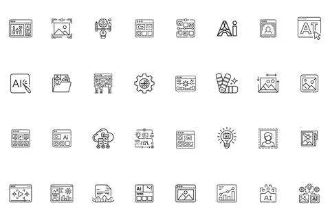 Set of artificial intelligence and graphic design line icons Illustrazione stock