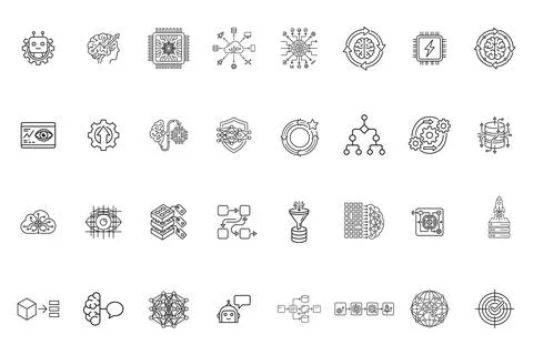 Set of artificial intelligence and machine learning line icons Stock Illustration