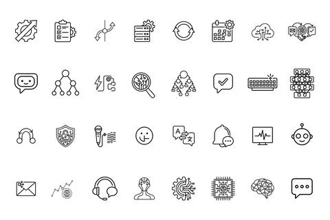 Set of artificial intelligence and machine learning line icons Stock Illustration