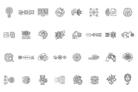 Set of artificial intelligence and machine learning line icons Stock Illustration