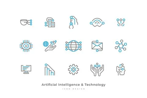 Set of Artificial Intelligence and Technology Icons with Simple Line Style 스톡 일러스트