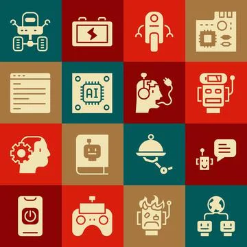 Set Artificial intelligence, Bot, Robot low battery charge, Processor with Stock Illustration