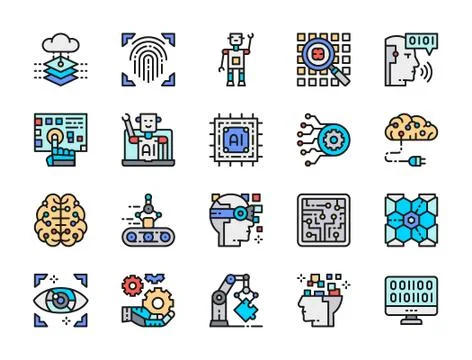 Set of Artificial Intelligence Color Line Icons. Engineering, Conveyor, Big Data イラスト素材