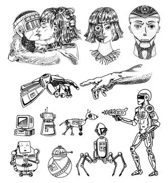 Set of Artificial intelligence concept. Robots evolution and Hand touch. Woman Stock Illustration