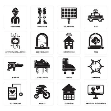 Set of Artificial intelligence, Eco house, Stethoscope, Boots, Blaster, Smart Illustrazione stock gratuita