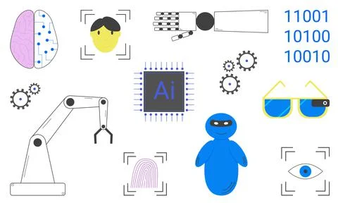 Set of artificial intelligence elements. Robotization. Identification by face Stock Illustration