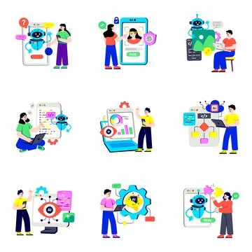 Set of Artificial Intelligence Flat Illustrations 库存插图