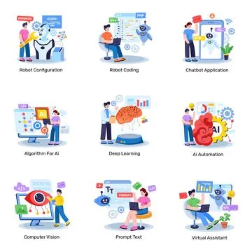 Set of Artificial Intelligence Flat Illustrations Stockillustratie