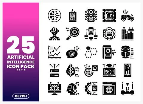 Set of artificial intelligence glyph icons showing technology concepts on w.. Stock Illustration