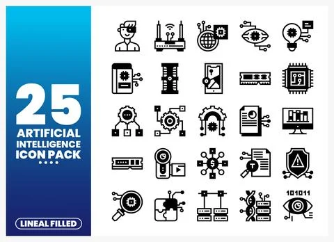 Set of artificial intelligence icons in a graphic designer's studio. Roboti.. Stock Illustration