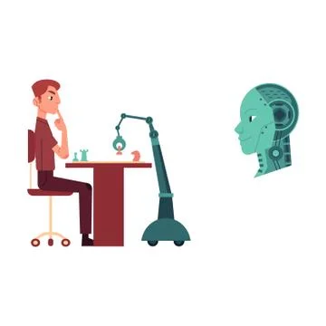 Set of artificial intelligence images of man and robot playing chess and machine Illustrazione stock