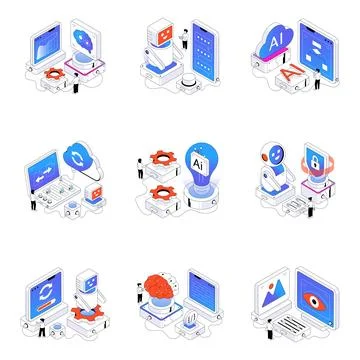 Set of Artificial Intelligence Isometric Illustrations Illustrazione stock