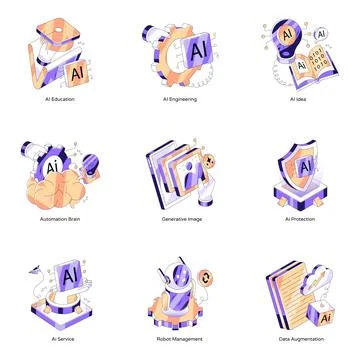 Set of Artificial Intelligence Isometric Illustrations Stock Illustration