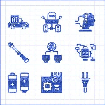 Set Artificial intelligence, Motherboard digital chip, Electric plug, Robot Stock Illustration