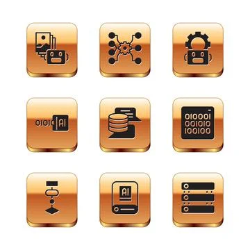 Set Artificial intelligence robot, Algorithm, AI, Server, Data, Binary code Stock Illustration