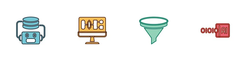Set Artificial intelligence robot, Algorithm, Funnel filter and Binary code icon Stock Illustration