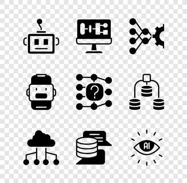 Set Artificial intelligence robot, Algorithm, Neural network, Network cloud.. Stock Illustration