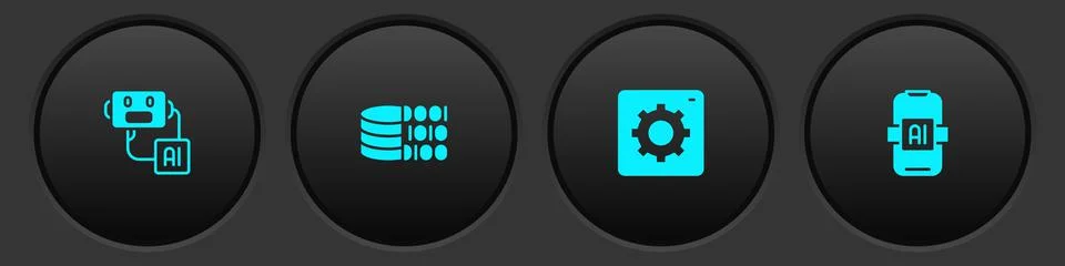 Set Artificial intelligence robot, Binary code, Computer api interface and AI Stock Illustration