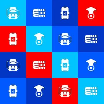 Set Artificial intelligence robot, Binary code, AI and Graduation cap icon Stock Illustration