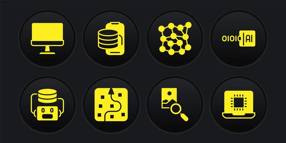 Set Artificial intelligence robot, Binary code, Neural network, Photo retouching イラスト素材