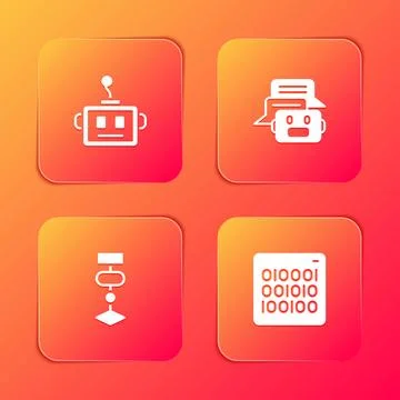 Set Artificial intelligence robot, Chat, Algorithm and Binary code icon. Vector Illustrazione stock