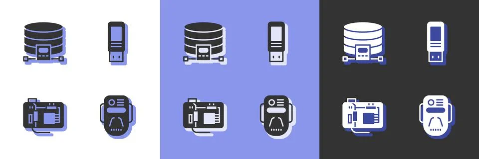 Set Artificial intelligence robot, Cloud database, Motherboard and USB flash Stock Illustration