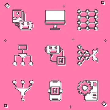 Set Artificial intelligence robot, Computer monitor, Neural network, Algori.. Illustrazione stock