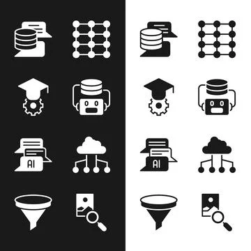 Set Artificial intelligence robot, Graduation cap, Server, Data, Neural net.. Stock Illustration
