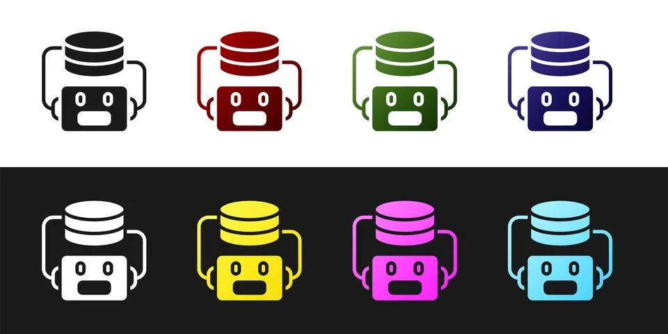 Set Artificial intelligence robot icon isolated on black and white background Illustrazione stock