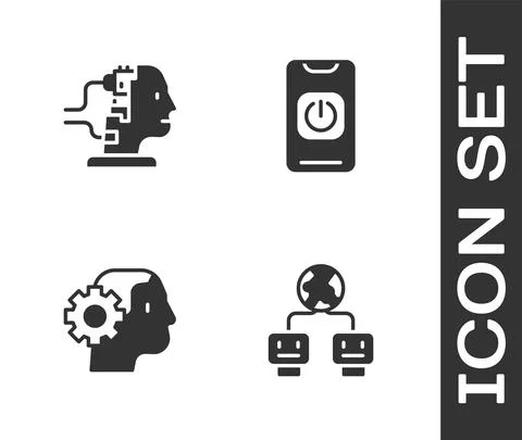 Set Artificial intelligence, Robot for maintenance, Humanoid robot and Turn off Stock Illustration
