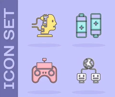 Set Artificial intelligence, Robot for maintenance, Remote control and Battery Stock Illustration