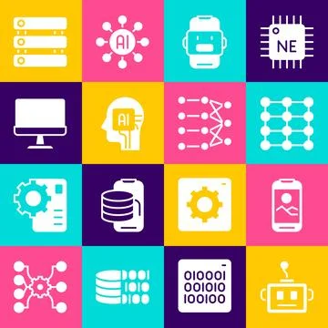 Set Artificial intelligence robot, Mobile phone, Neural network, Chat, Humanoid Stock Illustration